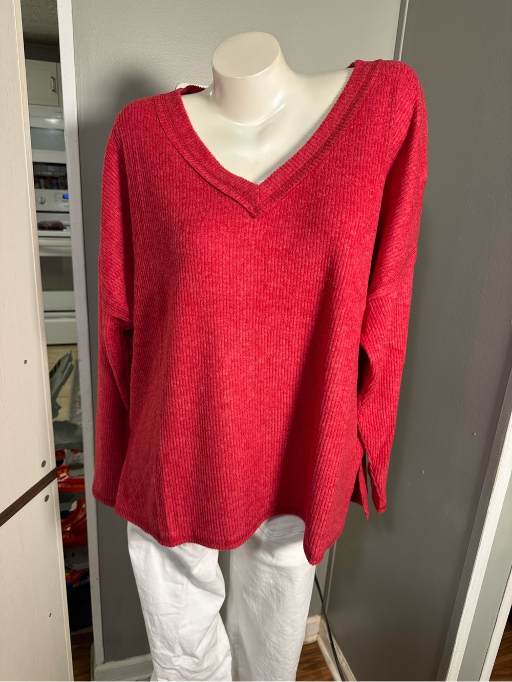 NWOT V-Neck Brushed Rib Knit Sweater - Red